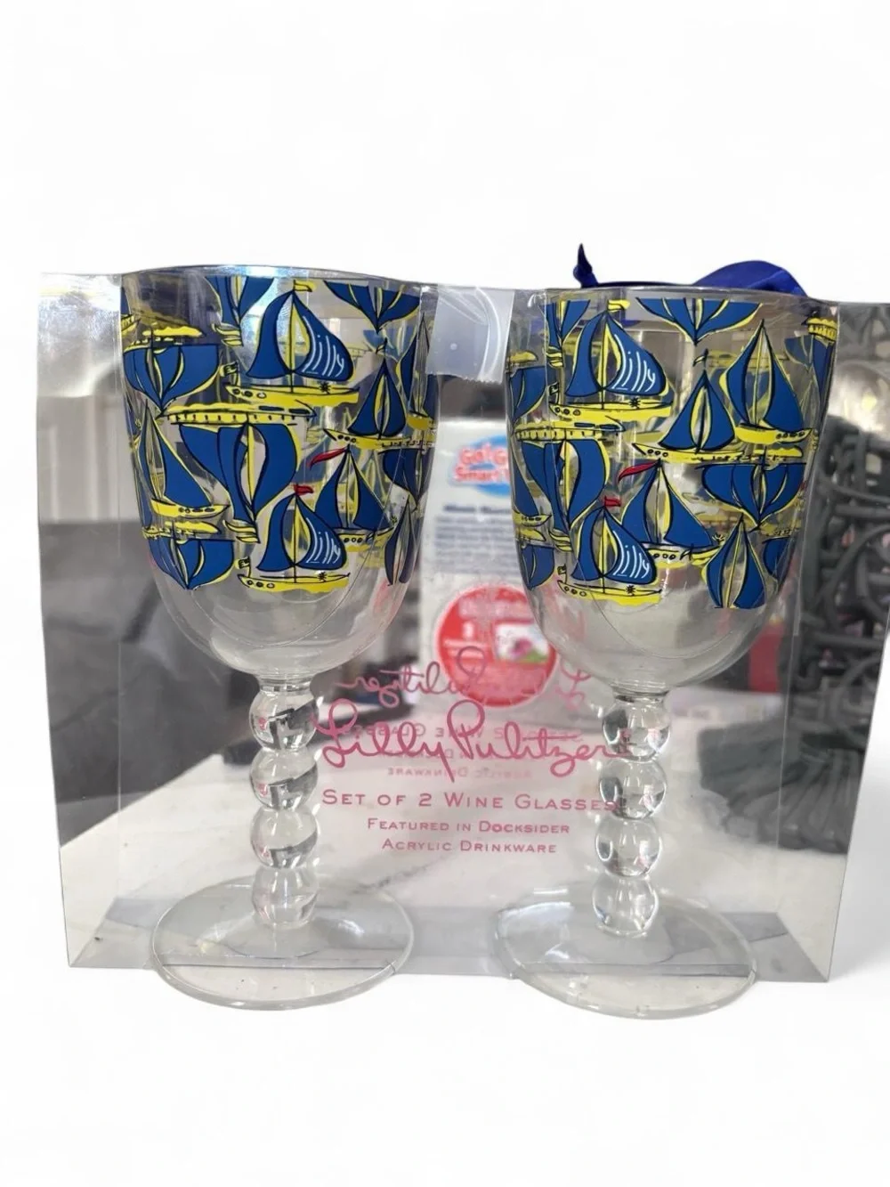 Lilly Pulitzer Acrylic Wine Glasses Set of 2 Docksider Sailboat Sips Ahoy NWT